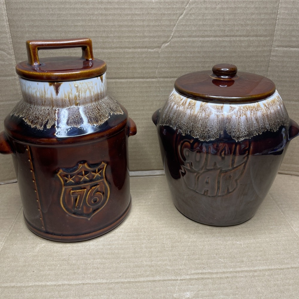 Vintage McCoy Brown Drip Pottery Cookie Jar Lot of 2 1976 Bicentennial & Cookie